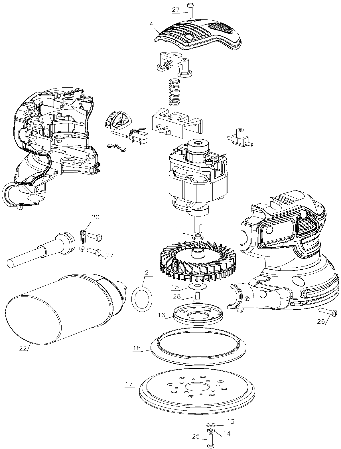 Default Diagram and Parts List for BDERO600 Type 1 Black and Decker Sander Polisher
